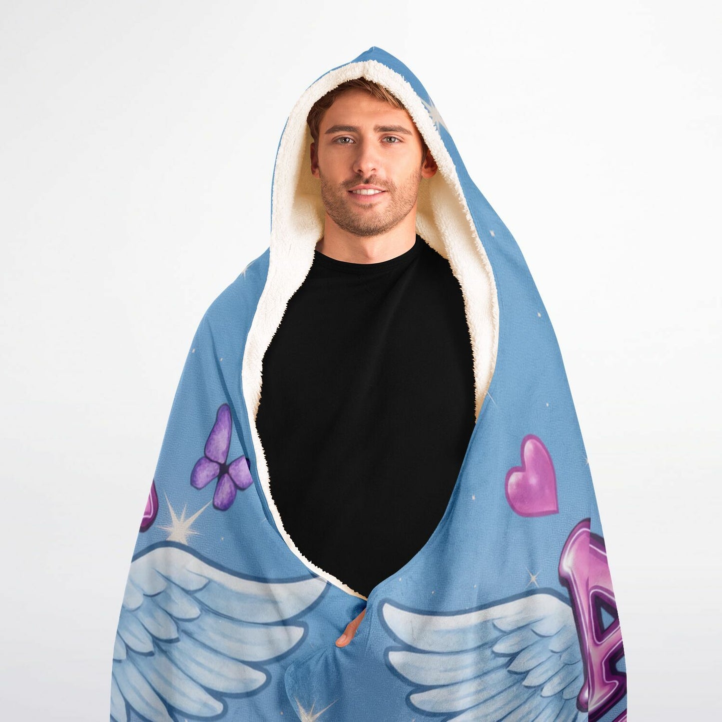 Angel Energy hooded blanket 60x80, blue, wings and hearts cozy