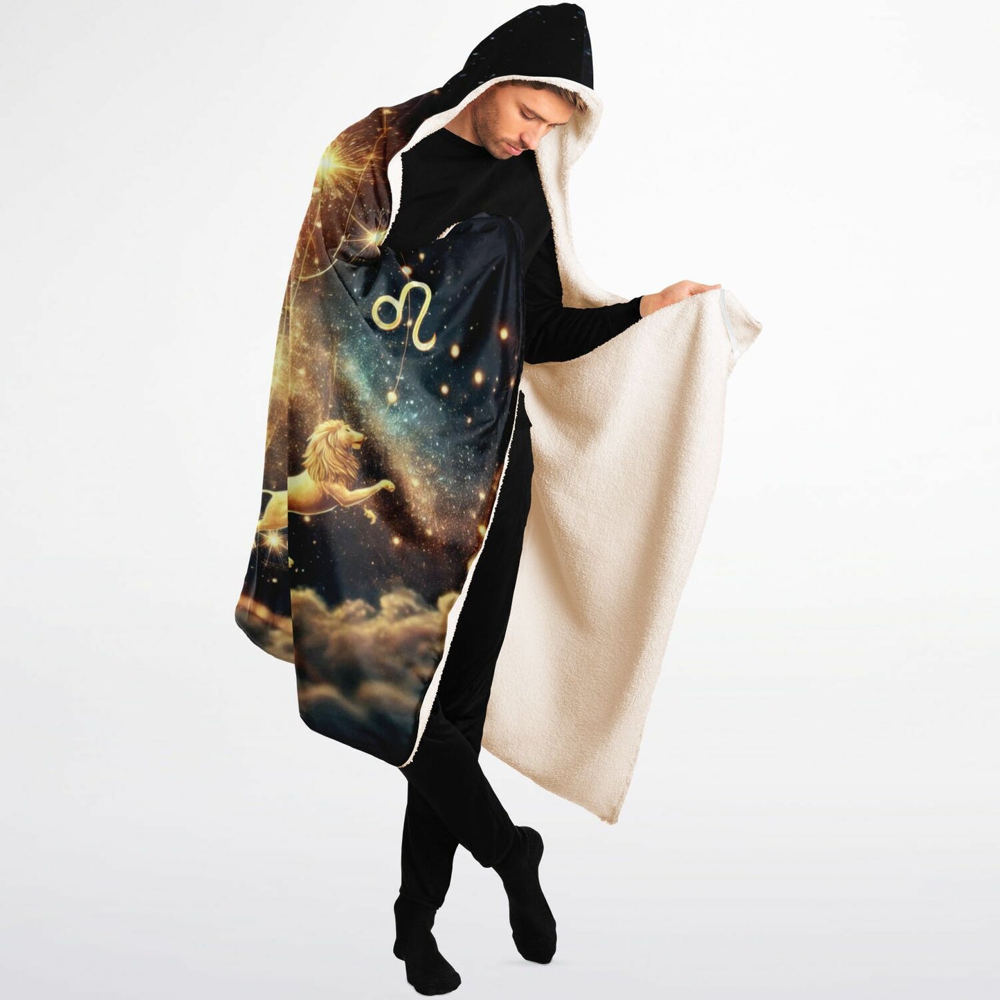 Leo Hooded Blanket 60x80 – oversized sherpa-lined zodiac blanket showcasing an illuminated lion face at the center of a radiant astrological circle, with starbursts, cosmic fire, and celestial symbols glowing across a deep galaxy background. Perfect for cozy nights, meditation, spiritual rituals, and bold