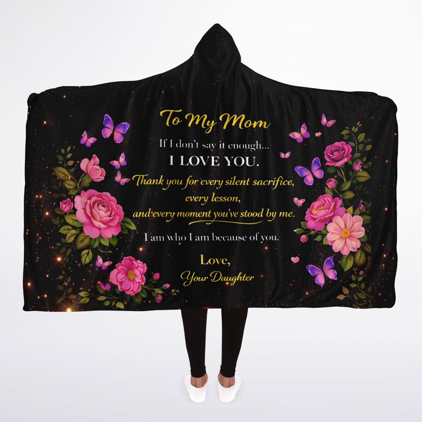 A Daughter’s Eternal Love Hooded Blanket 45x60 – meaningful gift from daughter to mom with floral and butterfly design
