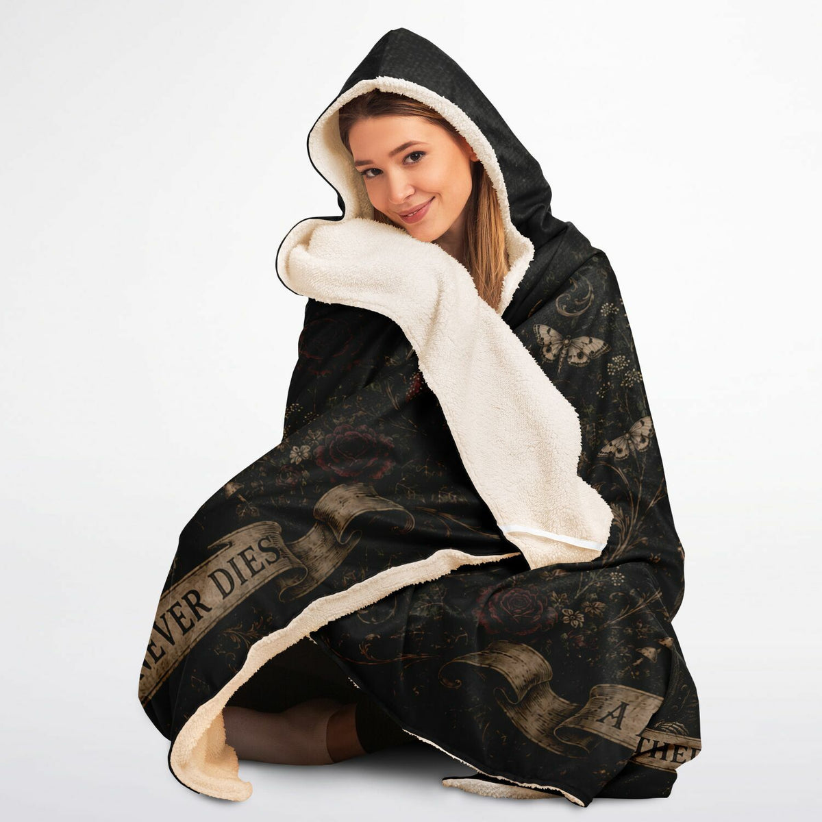A Mother’s Love Never Dies Hooded Blanket 45x60 – ultra-soft fleece hooded blanket featuring a gothic skeleton mother embracing her children. warm ultra warm
