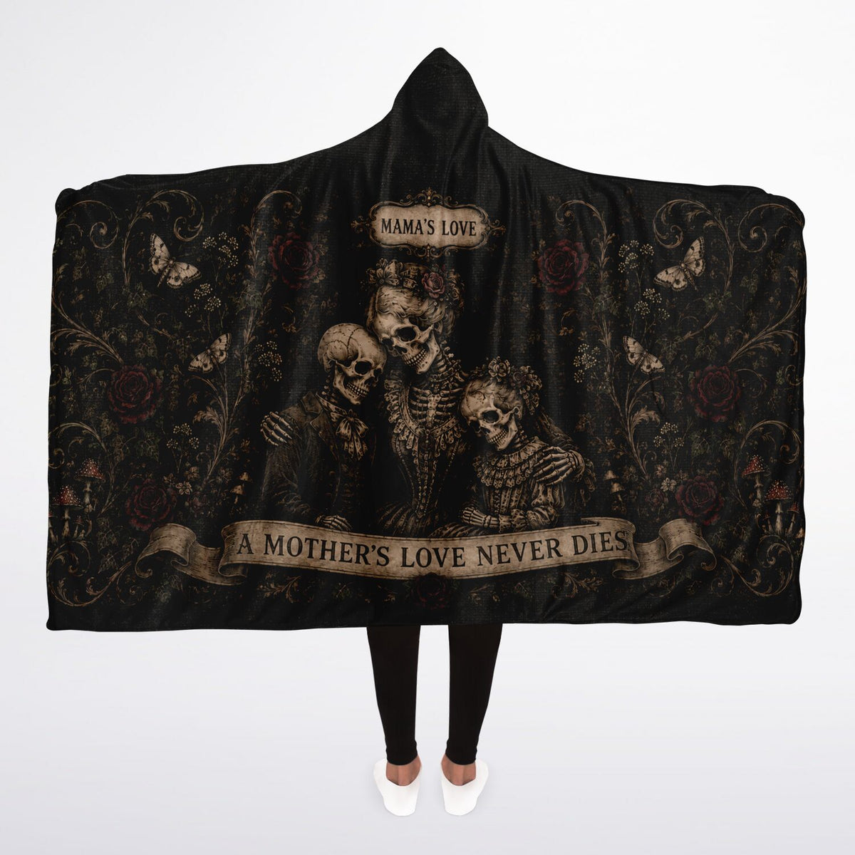 A Mother’s Love Never Dies Hooded Blanket 45x60 – ultra-soft fleece hooded blanket featuring a gothic skeleton mother embracing her children.