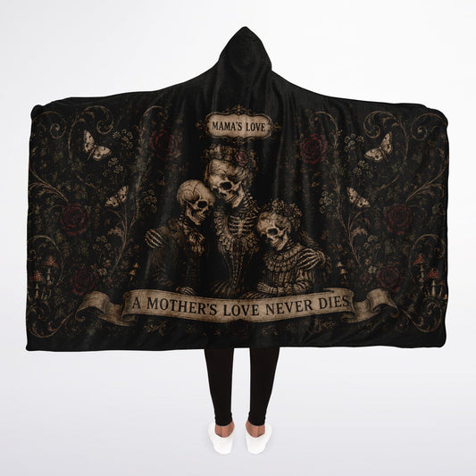 A Mother’s Love Never Dies Hooded Blanket 45x60 – ultra-soft fleece hooded blanket featuring a gothic skeleton mother embracing her children.