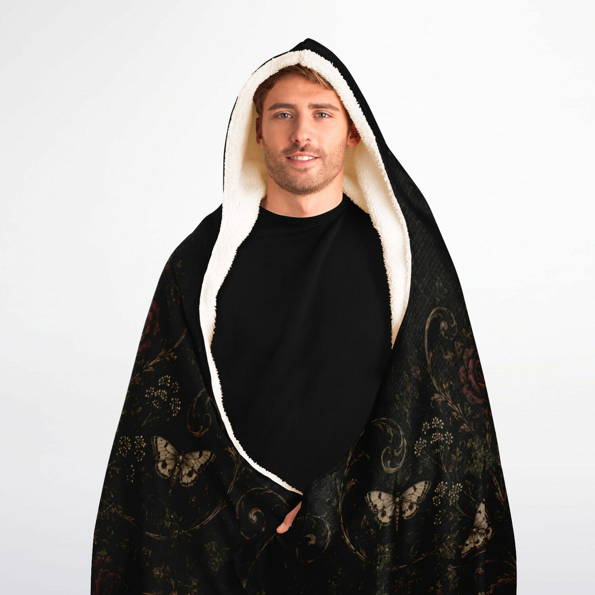 A Mother’s Love Never Dies Hooded Blanket 60x80 – oversized cozy sherpa hooded blanket featuring a skeleton family surrounded by dark roses and butterflies.