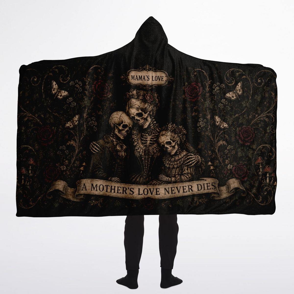 A Mother’s Love Never Dies Hooded Blanket 60x80 – oversized cozy sherpa hooded blanket featuring a skeleton family surrounded by dark roses and butterflies. warm