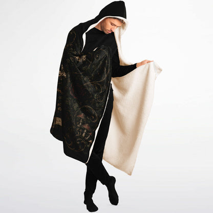 A Mother’s Love Never Dies Hooded Blanket 60x80 – oversized cozy sherpa hooded blanket featuring a skeleton family surrounded by dark roses and butterflies.ultra cozy