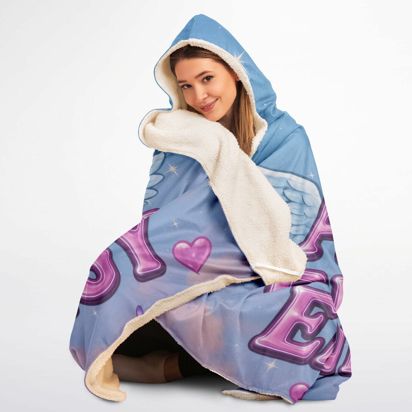 Angel Energy hooded blanket 45x60, blue, wings and hearts wrapped