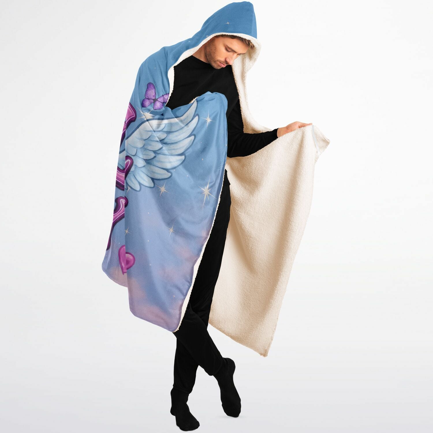Angel Energy hooded blanket 60x80, blue, wings and hearts side