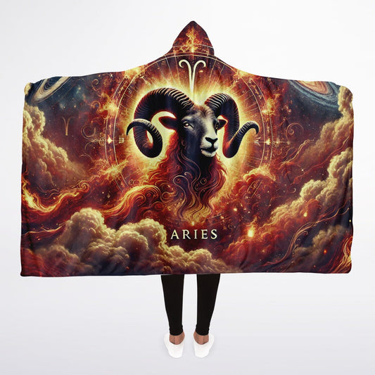 Aries Hooded Blanket 45x60 – cozy fleece blanket featuring a fiery mystical ram zodiac design