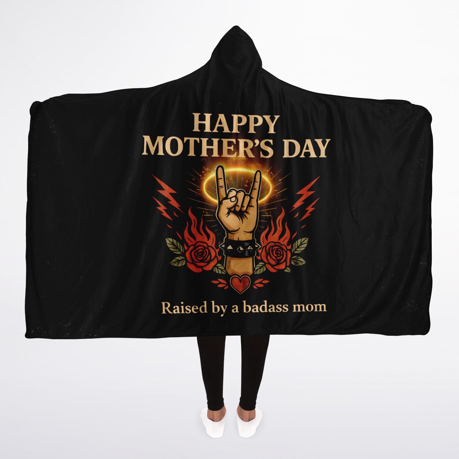 Badass Mom Power Hooded Blanket 45x60 – bold gift for mom with rock hand design and strong attitude message soft