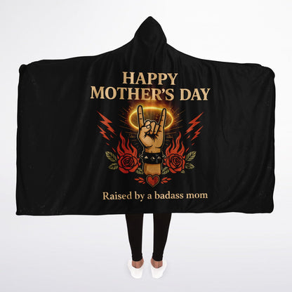 Badass Mom Power Hooded Blanket 45x60 – bold gift for mom with rock hand design and strong attitude message soft
