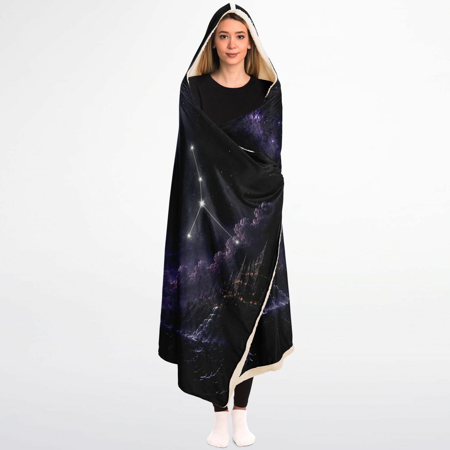 Cancer Moon King Hooded Blanket 45x60 – ultra-soft fleece hooded blanket featuring a mystical moonlit Cancer 