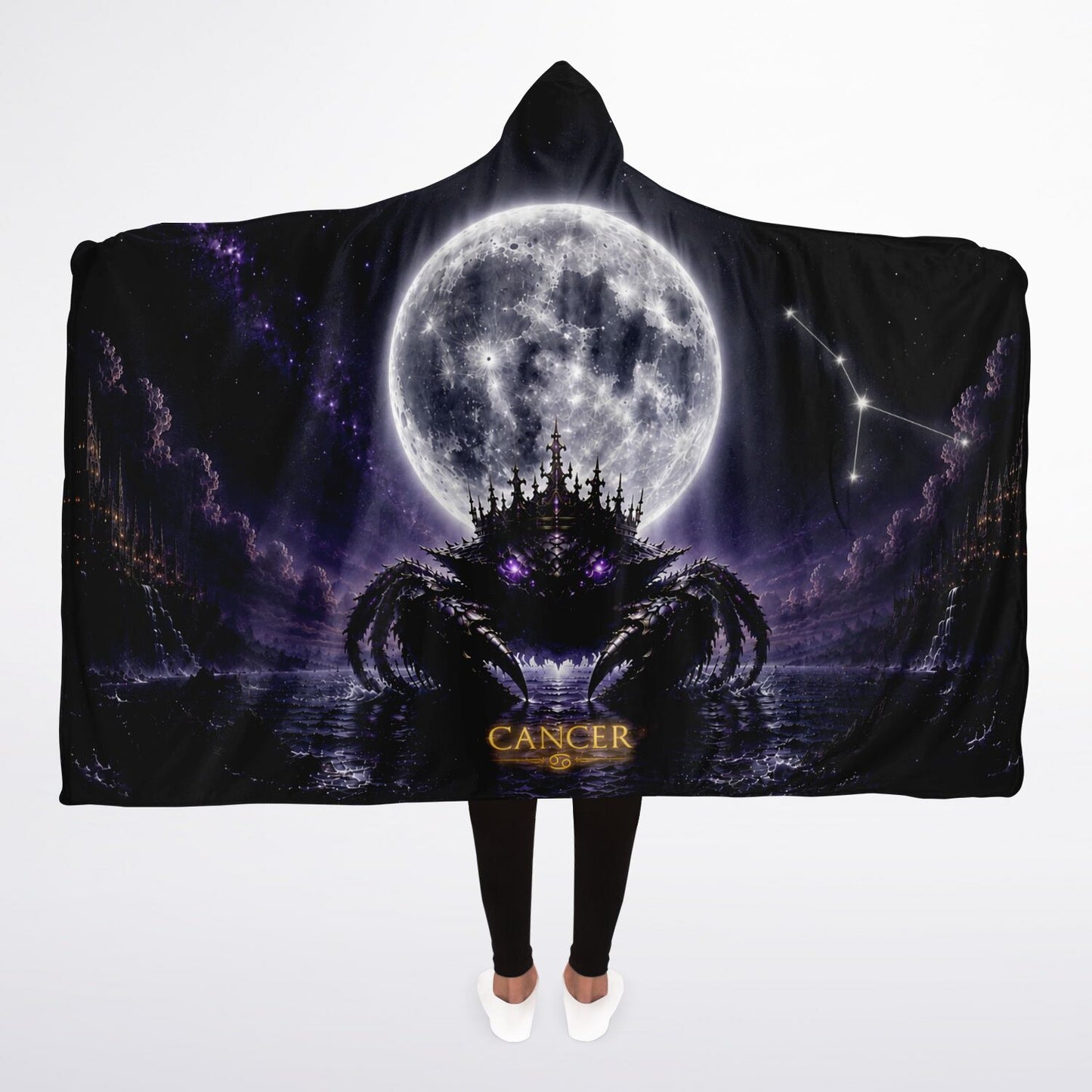 Cancer Moon King Hooded Blanket 45x60 – ultra-soft fleece hooded blanket featuring a mystical moonlit Cancer king design