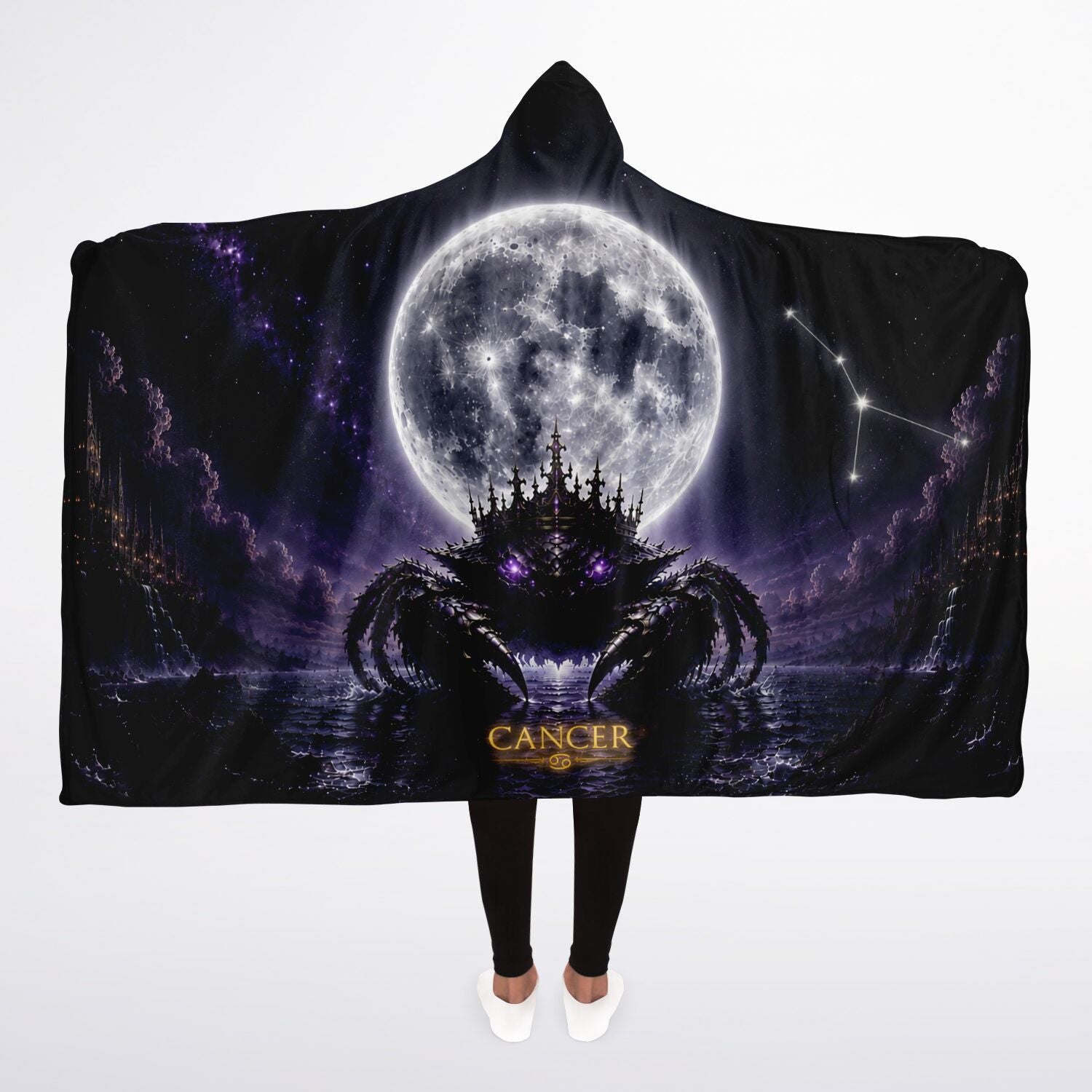 Cancer Moon King Hooded Blanket 45x60 – ultra-soft fleece hooded blanket featuring a mystical moonlit Cancer king design