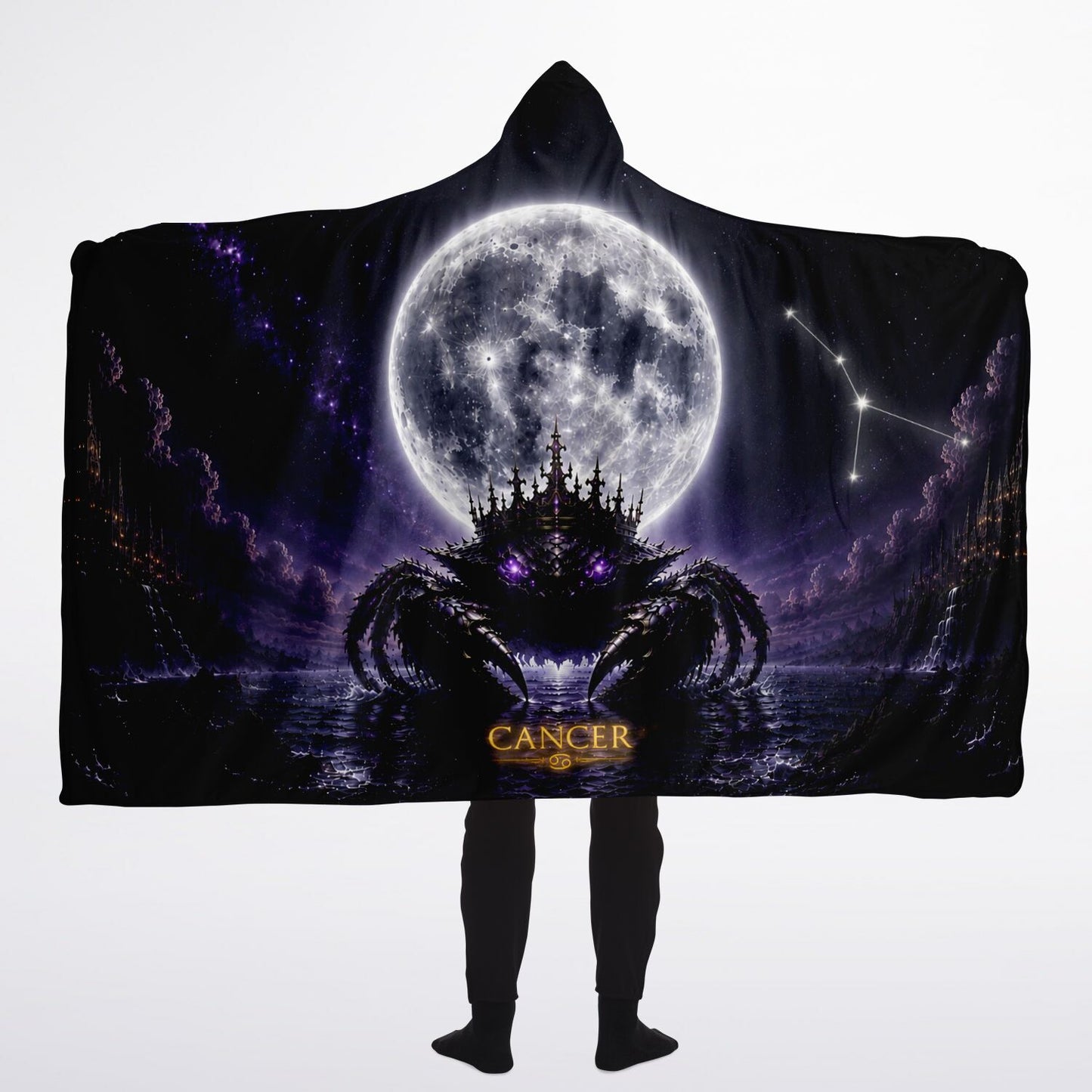 Cancer Moon King Hooded Blanket 60x80 – oversized cozy sherpa hooded blanket with a celestial Cancer zodiac king artwork.