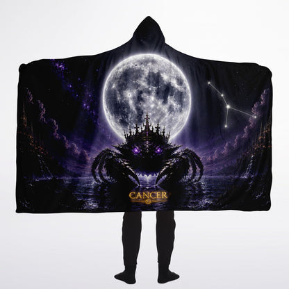 Cancer Moon King Hooded Blanket 60x80 – oversized cozy sherpa hooded blanket with a celestial Cancer zodiac king artwork.
