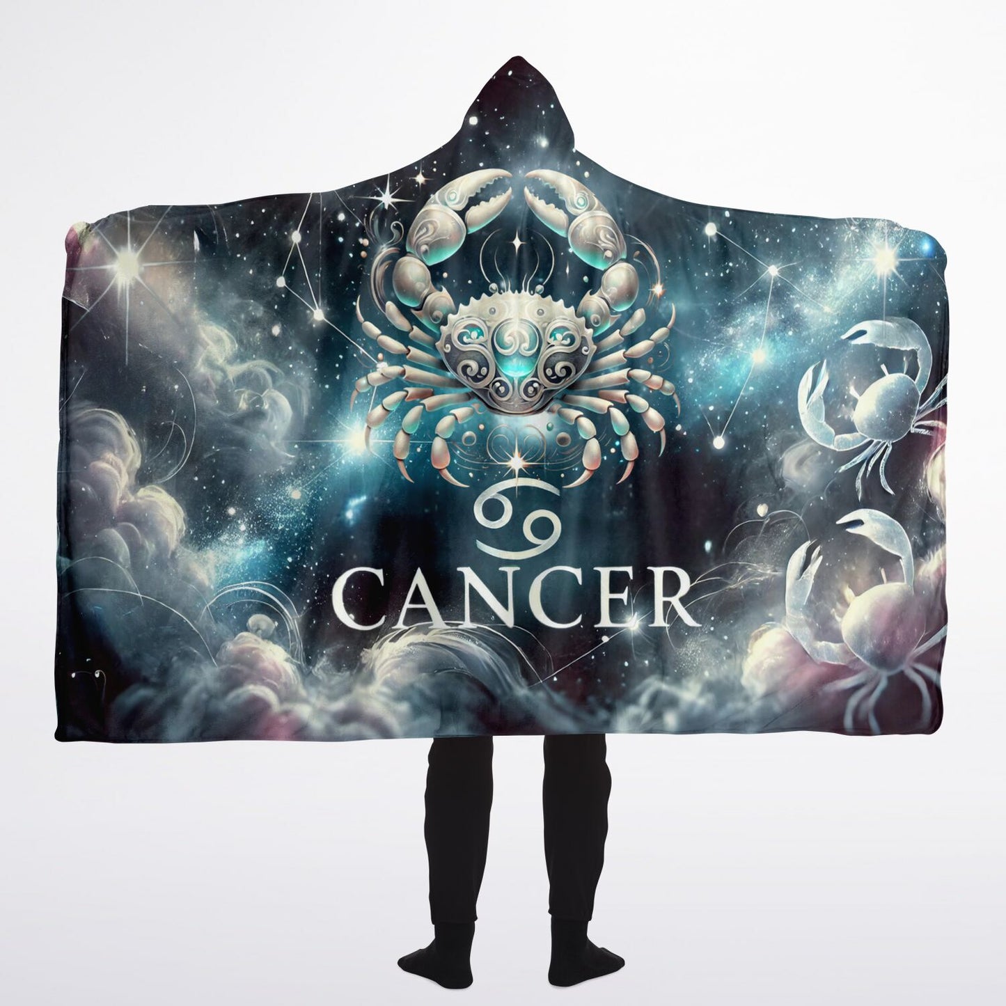 Cancer Moonlight Hooded Blanket 60x80 – premium sherpa fleece with glowing lunar crab design for emotional comfort