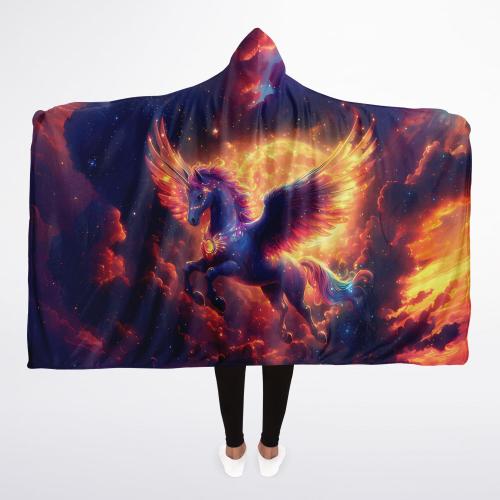 "Celestial Pegasus Hooded Blanket 45x60 – soft sherpa fleece with cosmic Pegasus design and glowing sunset sky