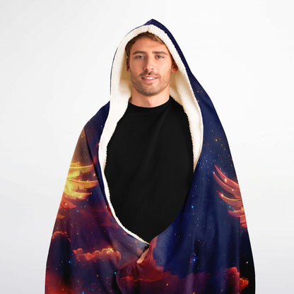 "Celestial Pegasus Hooded Blanket 60x80 – premium cozy fleece showcasing majestic Pegasus in fiery celestial