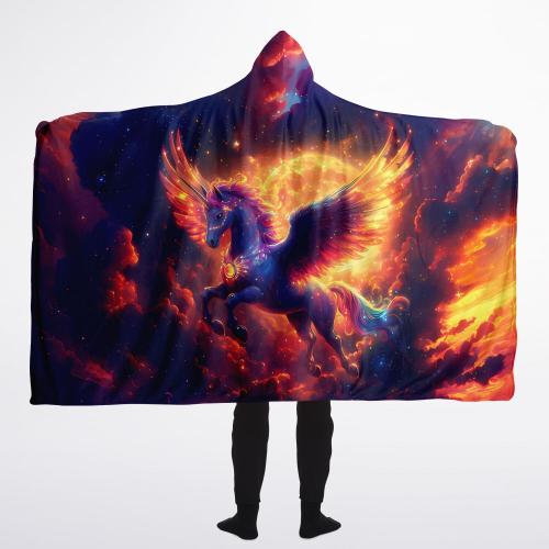 "Celestial Pegasus Hooded Blanket 60x80 – premium cozy fleece showcasing majestic Pegasus in fiery celestial clouds