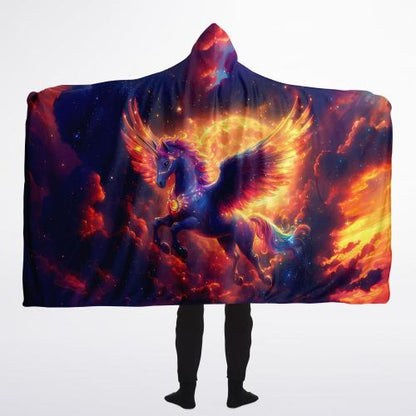 "Celestial Pegasus Hooded Blanket 60x80 – premium cozy fleece showcasing majestic Pegasus in fiery celestial clouds