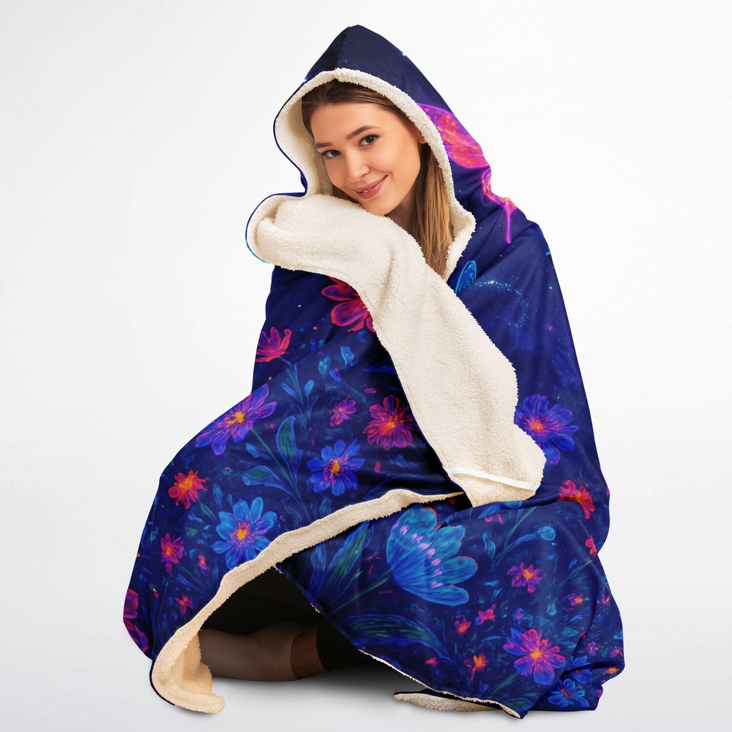 Cosmic Garden Wings Hooded Blanket 45x60 – soft sherpa fleece with glowing butterflies and cosmic flowers under starlit sky