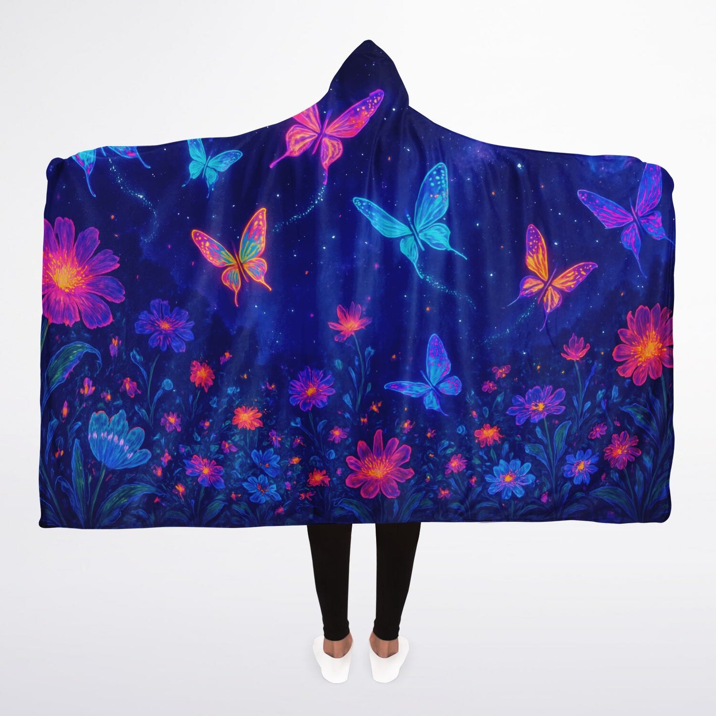 Cosmic Garden Wings Hooded Blanket 45x60 – soft sherpa fleece with glowing butterflies and cosmic flowers under starlit 