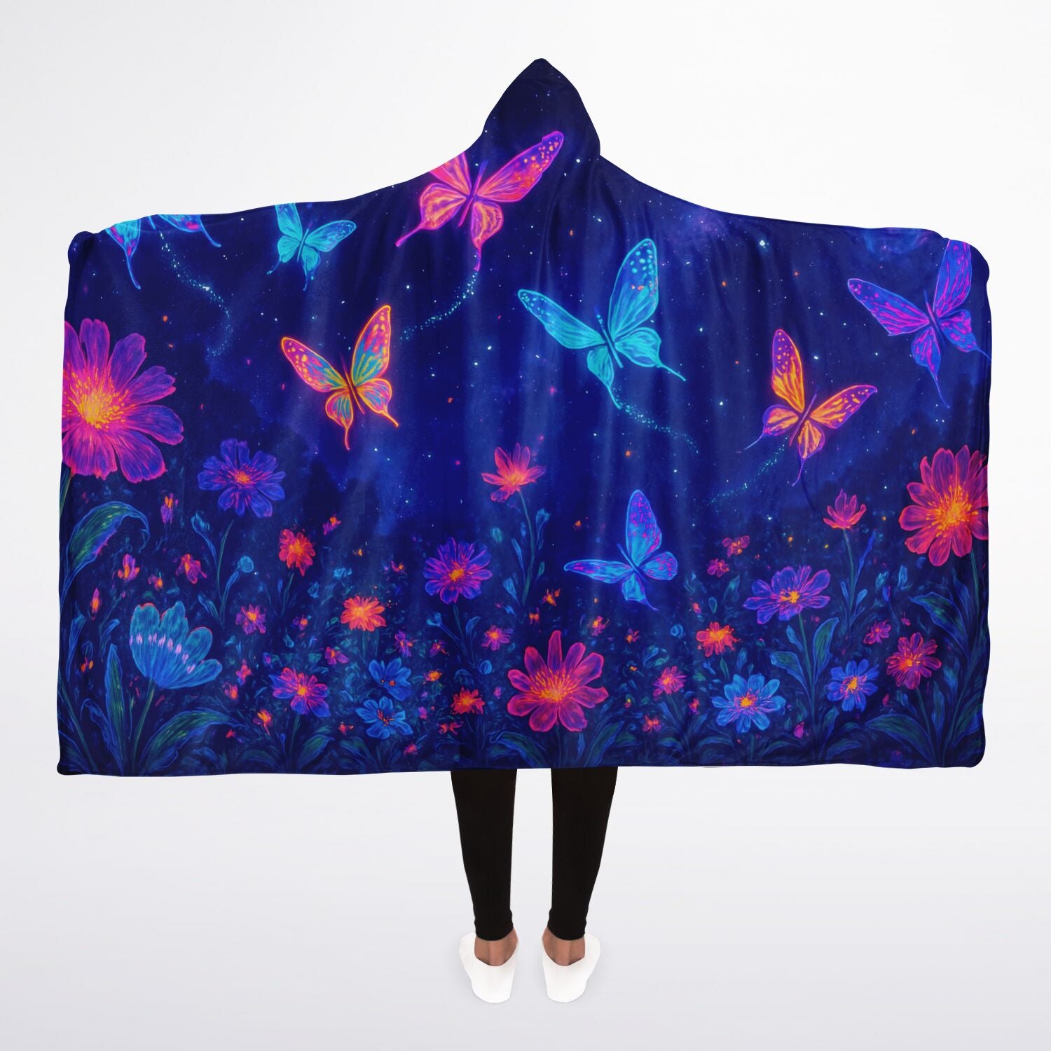 Cosmic Garden Wings Hooded Blanket 45x60 – soft sherpa fleece with glowing butterflies and cosmic flowers under starlit 