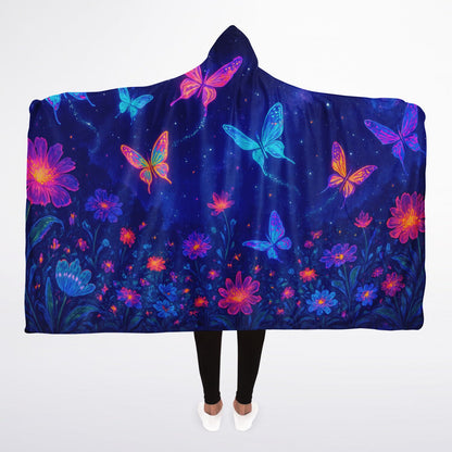 Cosmic Garden Wings Hooded Blanket 45x60 – soft sherpa fleece with glowing butterflies and cosmic flowers under starlit 
