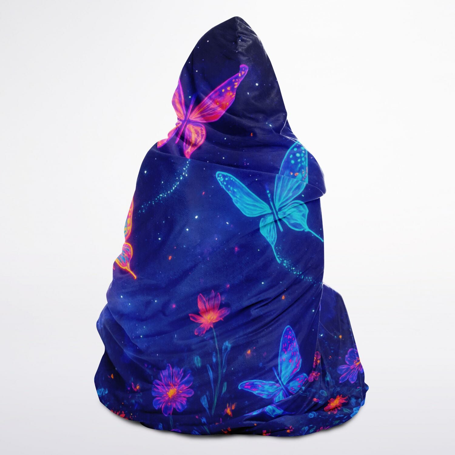 Cosmic Garden Wings Hooded Blanket 45x60 – soft sherpa fleece with glowing butterflies and cosmic flowers under