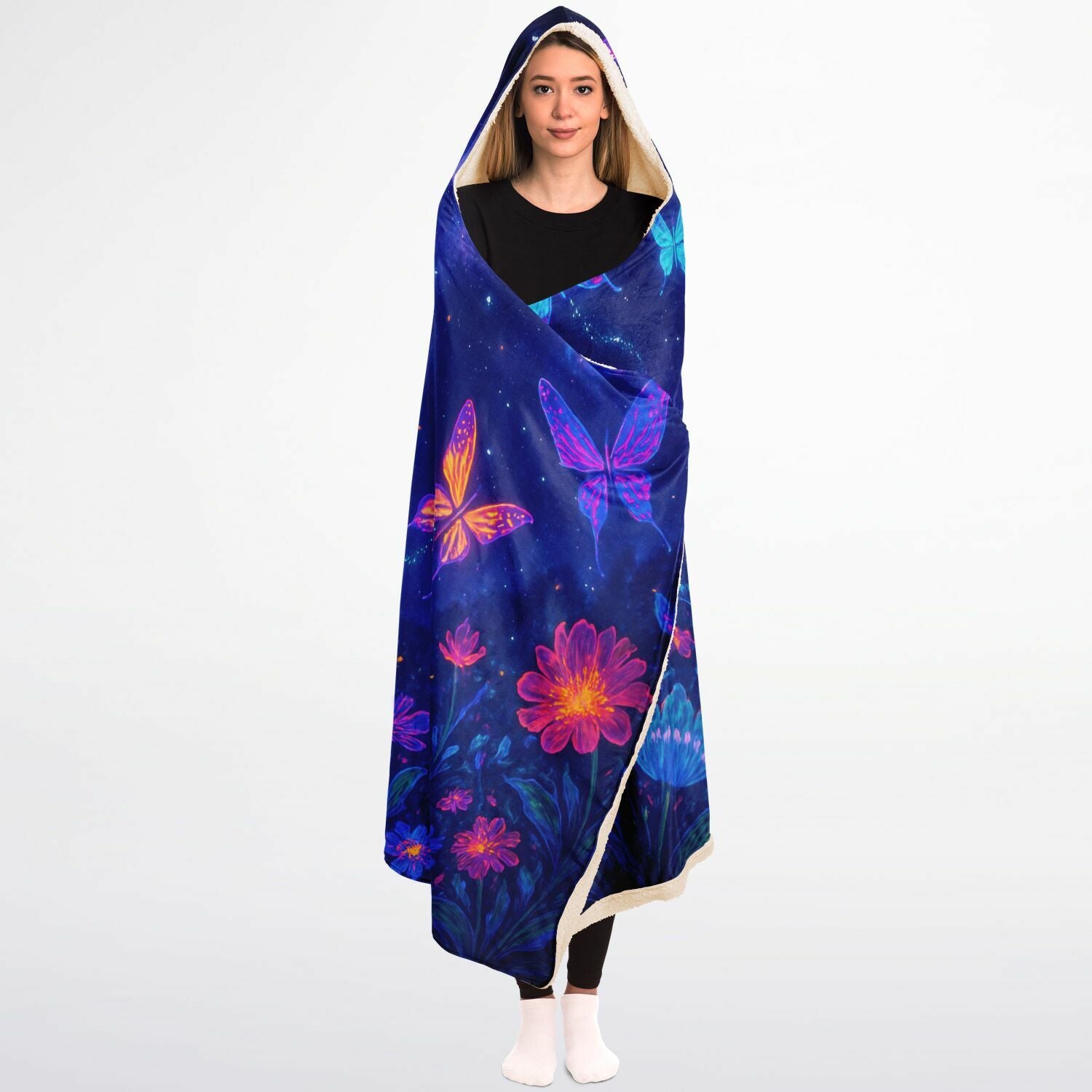 Cosmic Garden Wings Hooded Blanket 45x60 – soft sherpa fleece with glowing butterflies and cosmic 