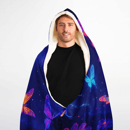 Cosmic Garden Wings Hooded Blanket 60x80 – premium fleece blanket featuring radiant starlight butterflies and ethereal floral design