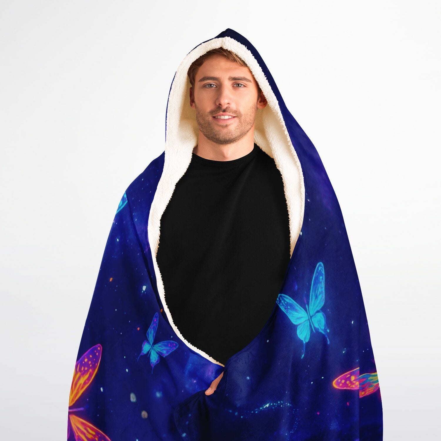Butterfly Hooded Blanket 60x80 – oversized sherpa-lined blanket showcasing a dreamy galaxy filled with luminous multicolor butterflies, radiant spark effects, and whimsical cosmic flowers. Ideal for comfort, gifting, lounging, and anyone who loves colorful