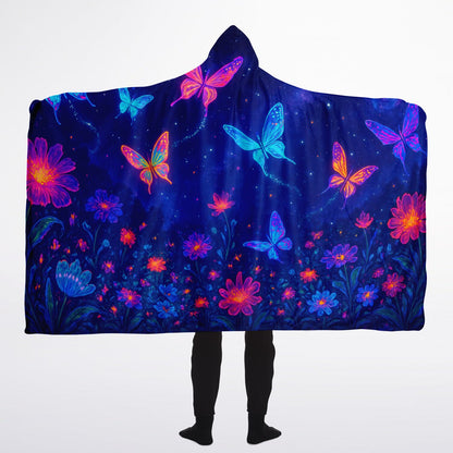 Cosmic Garden Wings Hooded Blanket 60x80 – premium fleece blanket featuring radiant starlight butterflies and ethereal floral