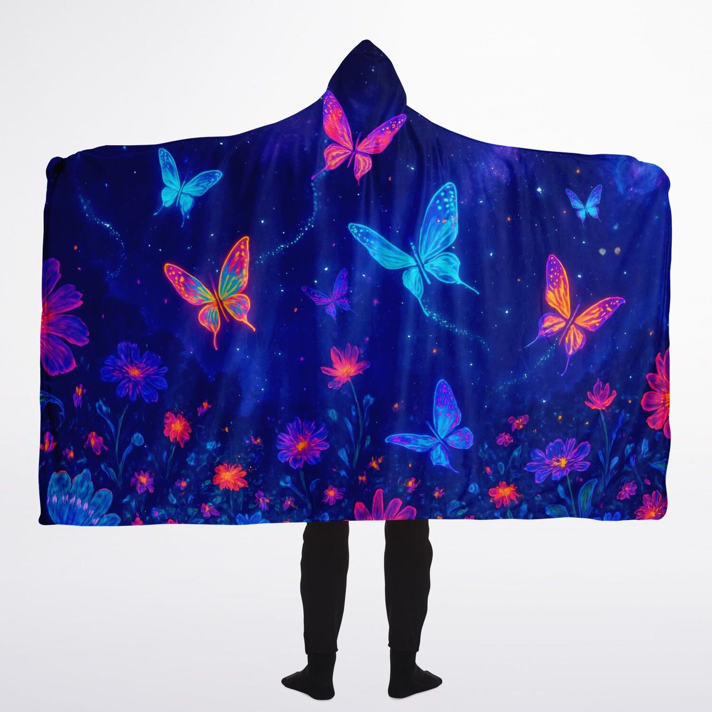 Butterfly Hooded Blanket 60x80 – oversized sherpa-lined blanket showcasing a dreamy galaxy filled with luminous multicolor butterflies, radiant spark effects, and whimsical cosmic flowers. Ideal for comfort, gifting, lounging, and anyone who loves colorful fantasy designs.