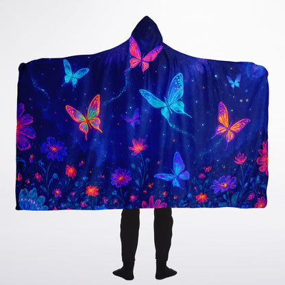 Butterfly Hooded Blanket 60x80 – oversized sherpa-lined blanket showcasing a dreamy galaxy filled with luminous multicolor butterflies, radiant spark effects, and whimsical cosmic flowers. Ideal for comfort, gifting, lounging, and anyone who loves colorful fantasy designs.