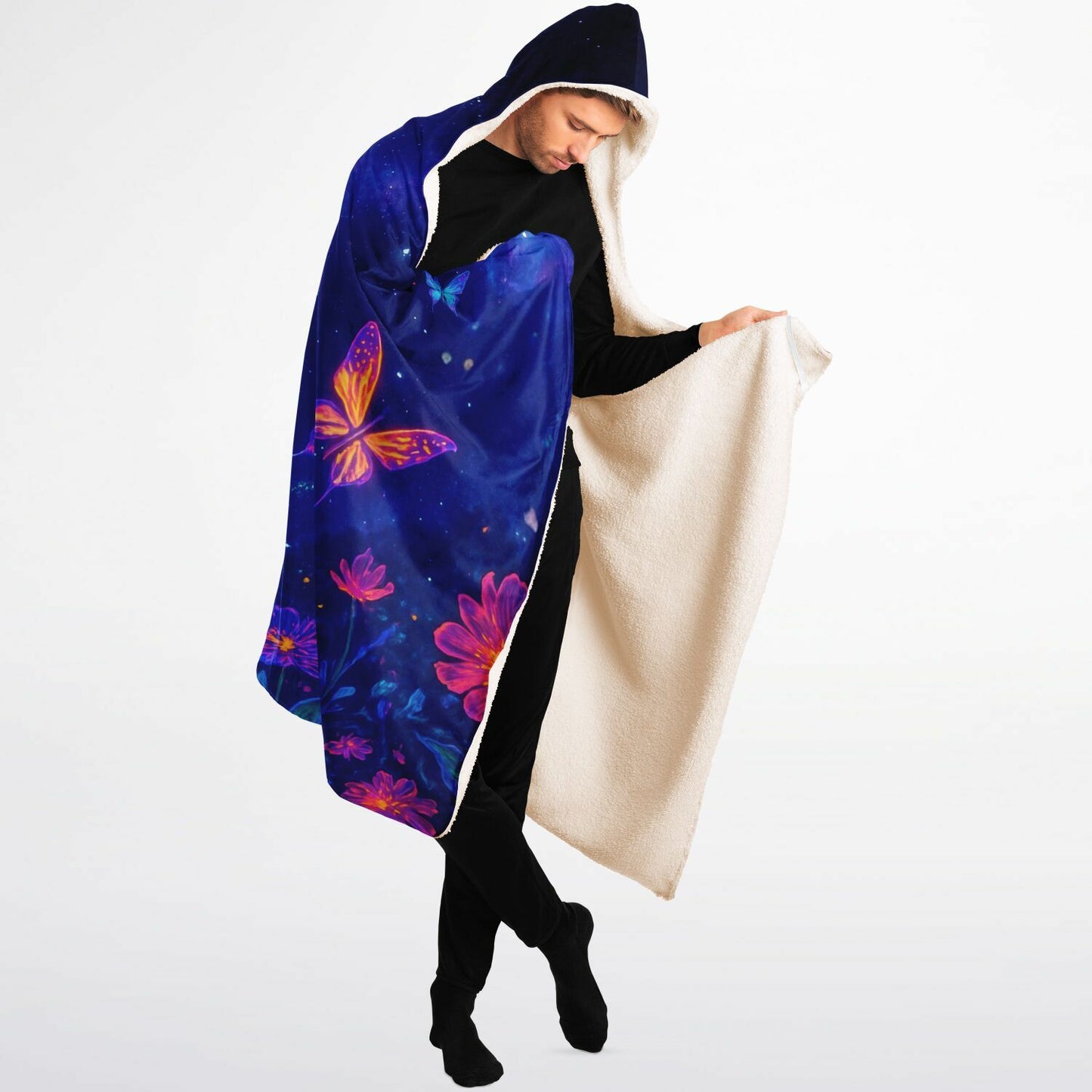 Butterfly Hooded Blanket 60x80 – oversized sherpa-lined blanket showcasing a dreamy galaxy filled with luminous multicolor butterflies, radiant spark effects, and whimsical cosmic flowers. Ideal for comfort, gifting, lounging, and anyone who loves 