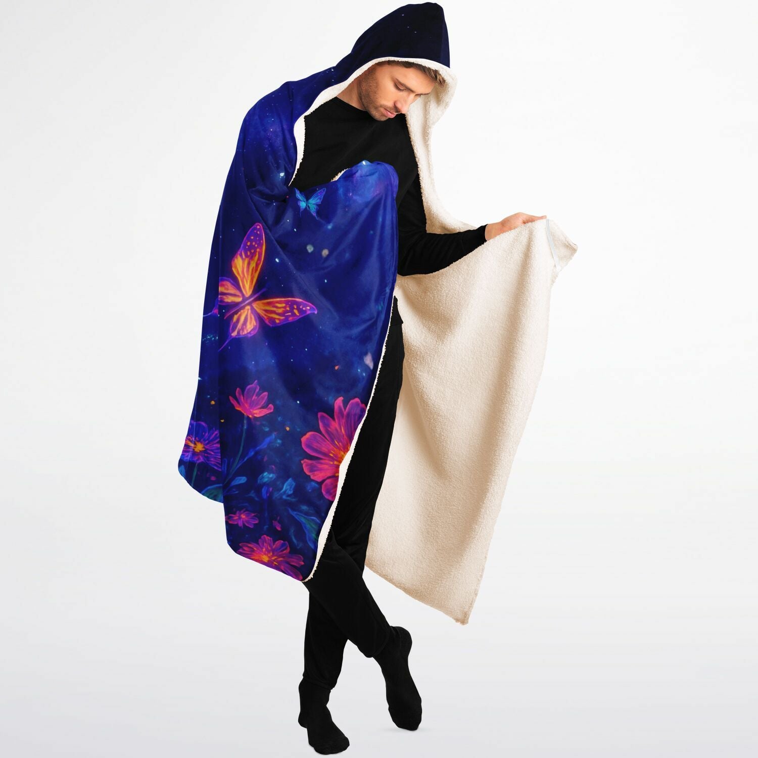 Butterfly Hooded Blanket 60x80 – oversized sherpa-lined blanket showcasing a dreamy galaxy filled with luminous multicolor butterflies, radiant spark effects, and whimsical cosmic flowers. Ideal for comfort, gifting, lounging, and anyone who loves 