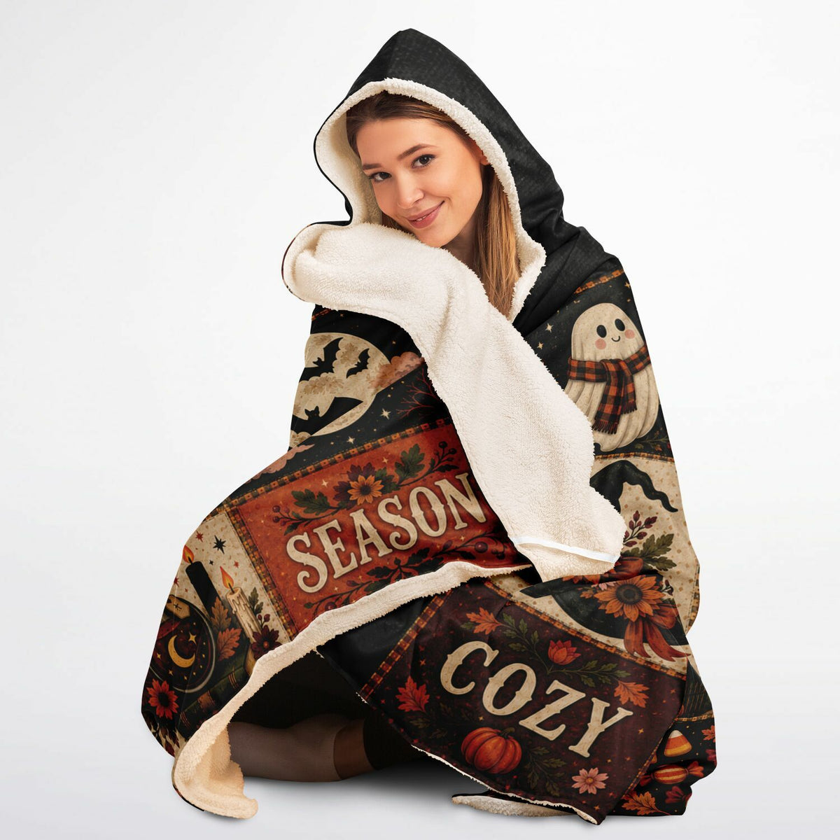 Cozy Spooky Mama Halloween Hooded Blanket 45x60 – ultra-soft fleece hooded blanket featuring a vintage Halloween patchwork design for moms, ultra cozy