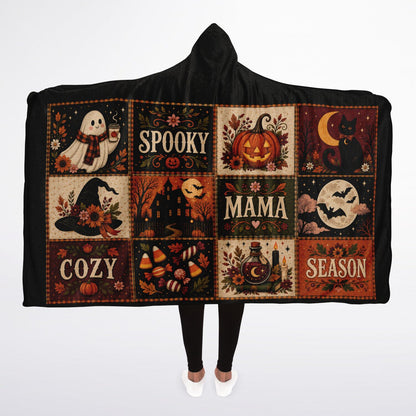 Cozy Spooky Mama Halloween Hooded Blanket 45x60 – ultra-soft fleece hooded blanket featuring a vintage Halloween patchwork design for moms