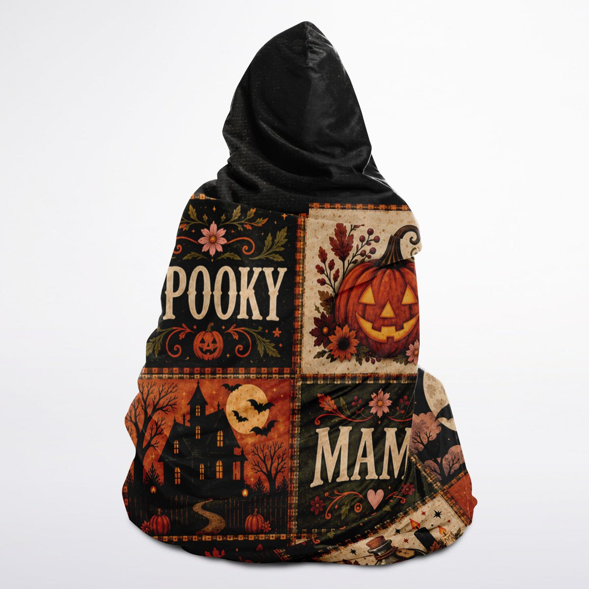 Cozy Spooky Mama Halloween Hooded Blanket 45x60 – ultra-soft fleece hooded blanket featuring a vintage Halloween patchwork design for moms, super warm