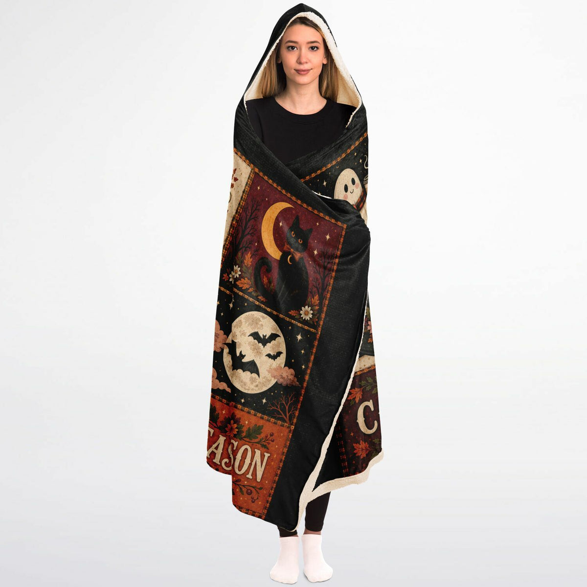Cozy Spooky Mama Halloween Hooded Blanket 45x60 – ultra-soft fleece hooded blanket featuring a vintage Halloween patchwork design for moms, warm