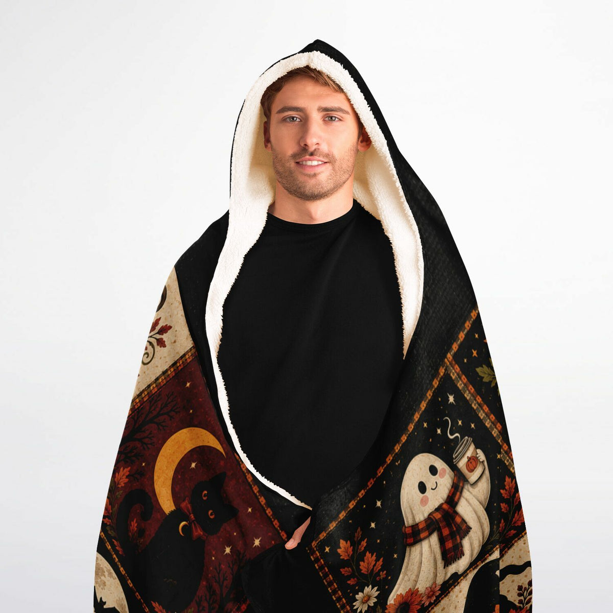 Cozy Spooky Mama Halloween Hooded Blanket 60x80 – oversized cozy sherpa hooded blanket featuring ghosts, pumpkins, black cats and autumn florals ultra soft