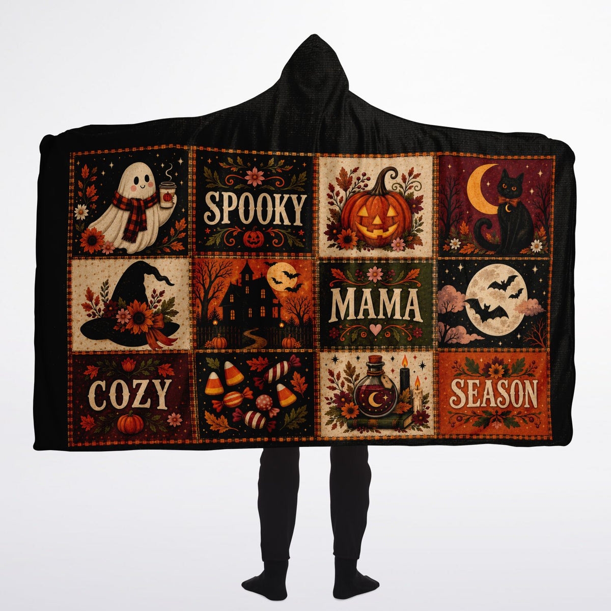 Cozy Spooky Mama Halloween Hooded Blanket 60x80 – oversized cozy sherpa hooded blanket featuring ghosts, pumpkins, black cats and autumn florals
