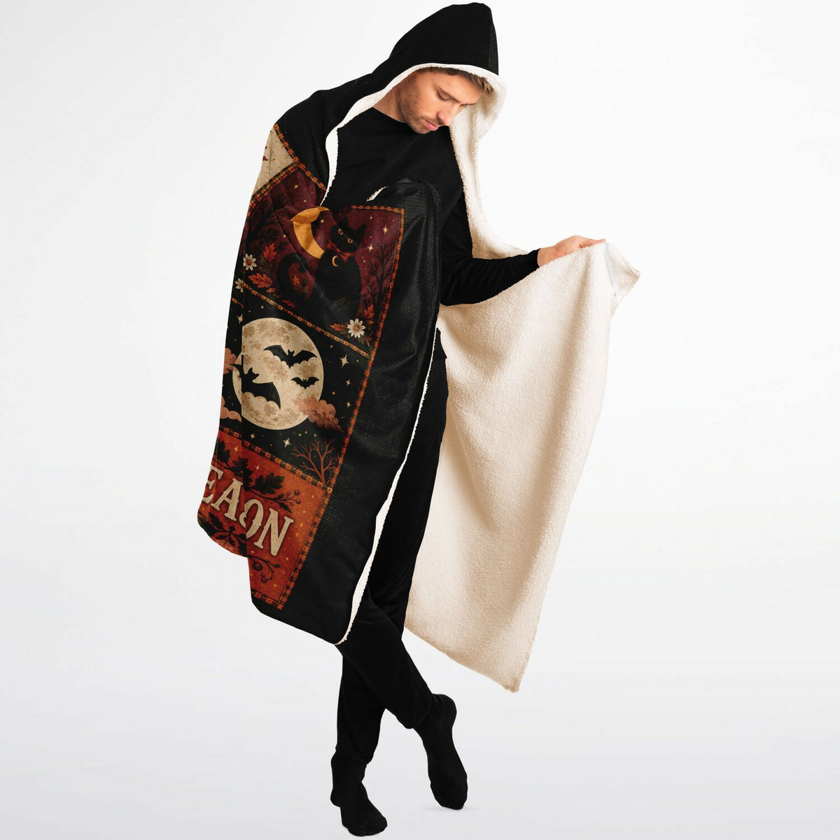 Cozy Spooky Mama Halloween Hooded Blanket 60x80 – oversized cozy sherpa hooded blanket featuring ghosts, pumpkins, black cats and autumn florals soft