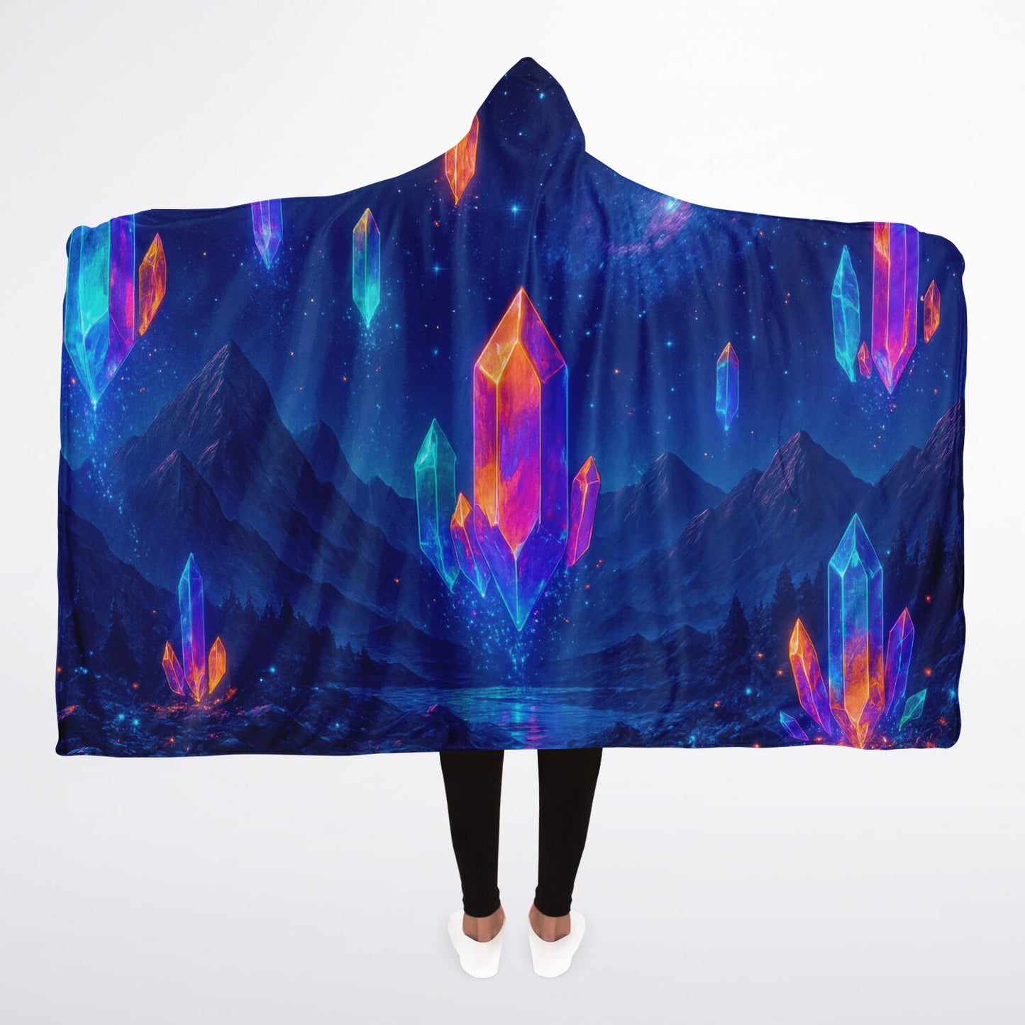 Crystal Ascension Hooded Blanket 45x60 – silky fleece hooded blanket inspired by glowing cosmic crystals
