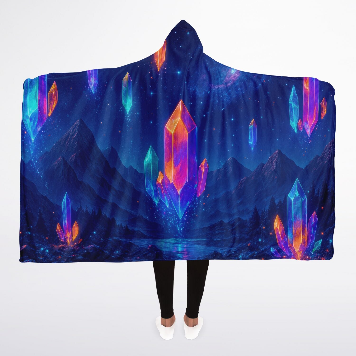 Crystal Ascension Hooded Blanket 45x60 – silky fleece hooded blanket inspired by glowing cosmic crystals