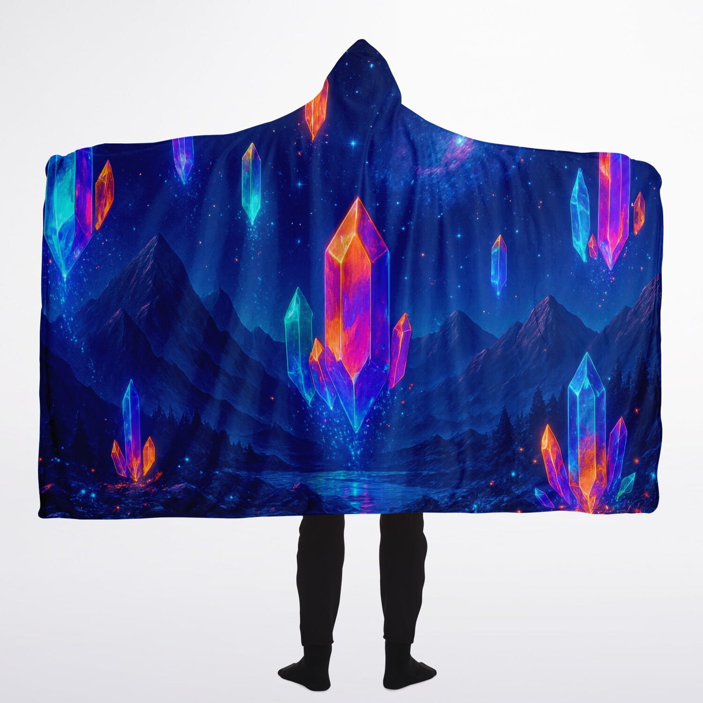 Crystal Ascension Hooded Blanket 60x80 – sherpa-lined comfort infused with celestial crystal energy