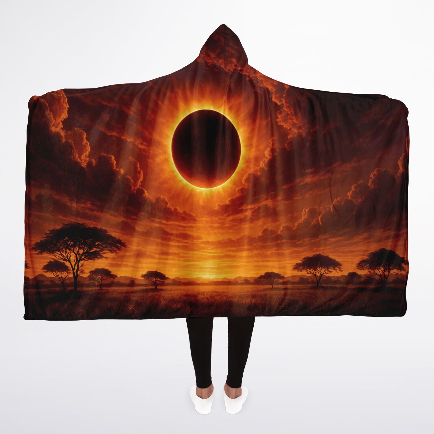 Eclipse of the Soul Hooded Blanket 45x60 – golden solar eclipse design with soft sherpa warmth