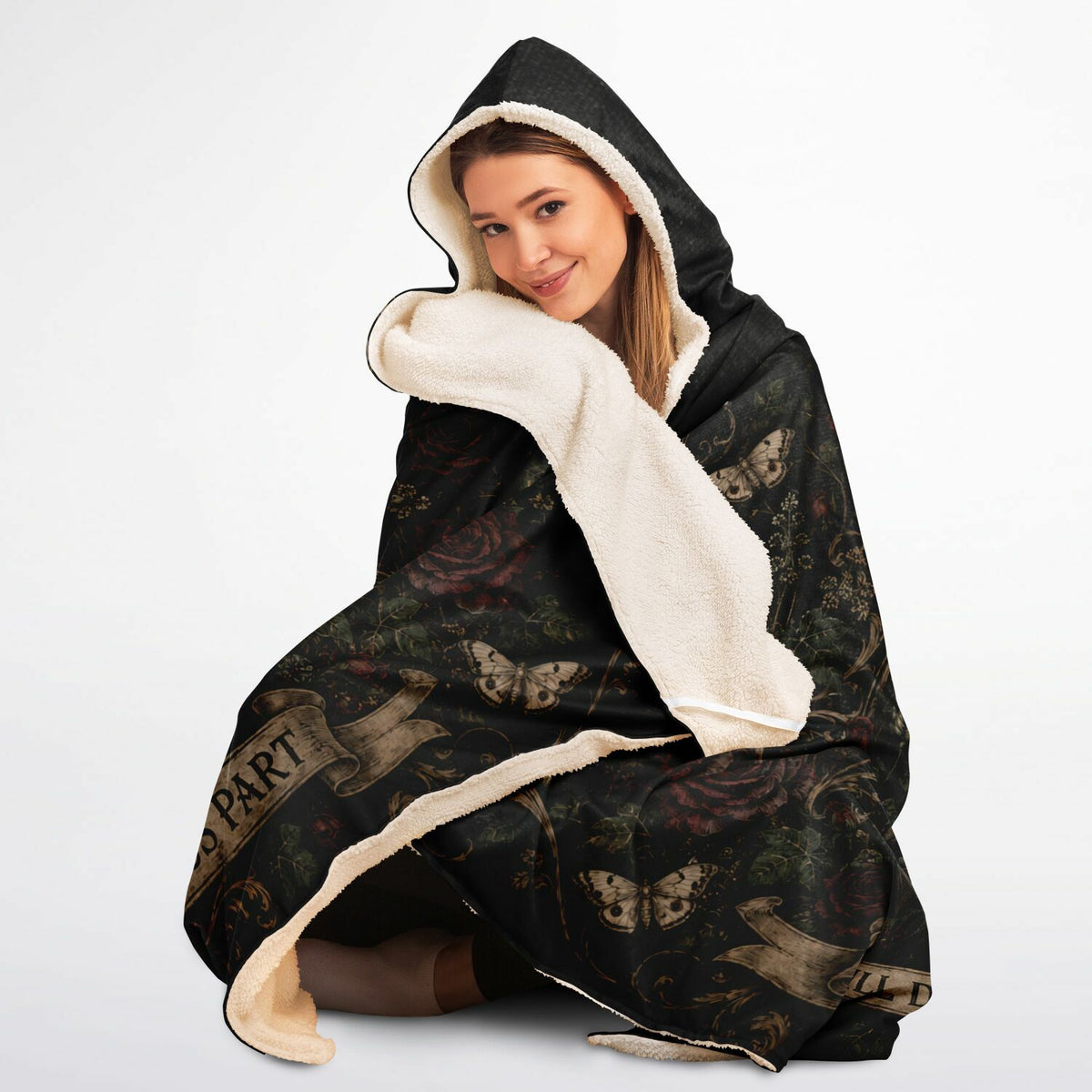 Eternal Love Skeleton Couple Hooded Blanket 45x60 – ultra-soft fleece hooded blanket featuring a romantic gothic skeleton couple surrounded by dark roses, warm