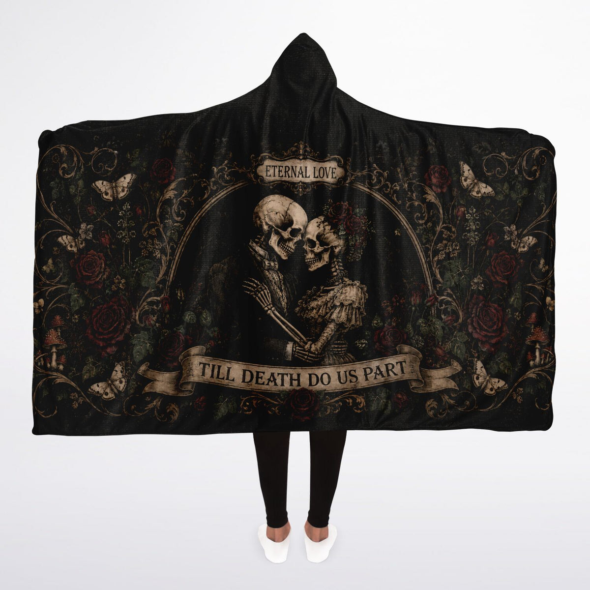 Eternal Love Skeleton Couple Hooded Blanket 45x60 – ultra-soft fleece hooded blanket featuring a romantic gothic skeleton couple surrounded by dark roses
